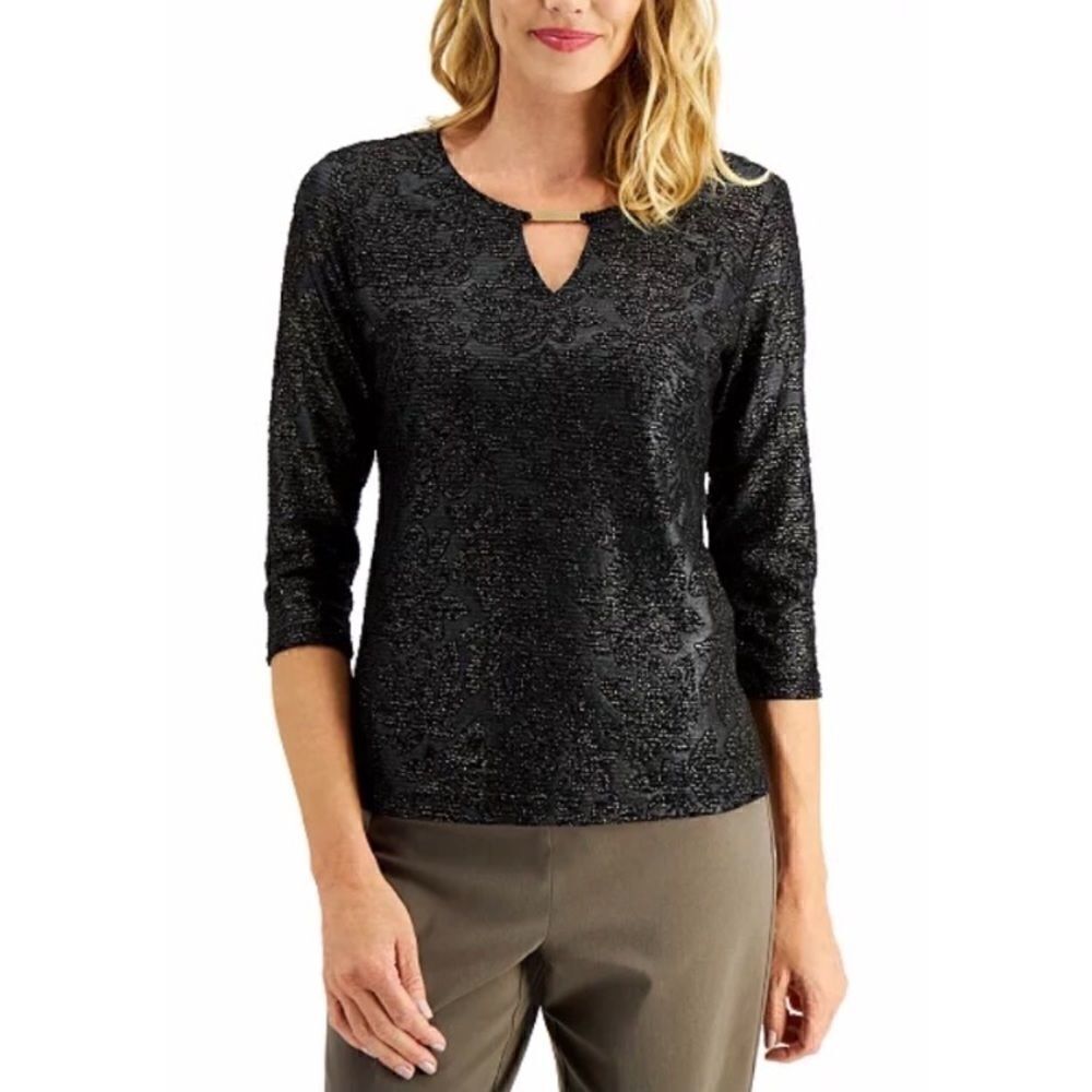 JM Collection Petite Keyhole Metallic Jacquard Top Size PMedium